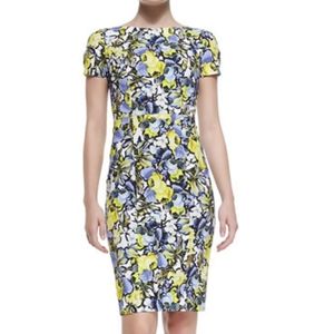 ERDEM 'Aurelia' Lemon & Periwinkle Silk Satin A-Line Cap Sleeve Dress 8